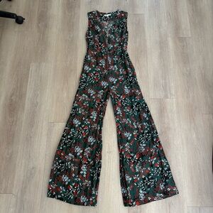 Maje Botanical Womens Jumpsuit 38 Medium Green Floral Print Zip Front Wide Leg